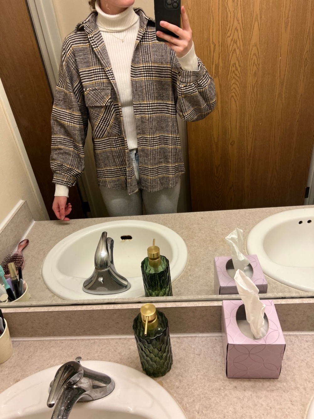 Plaid Button-Up Shacket in Brown and Yellow